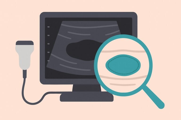 Ecografia mammaria: fibroadenoma ovale a margini regolari evidenziato da lente di ingrandimento, nodulo benigno del seno.