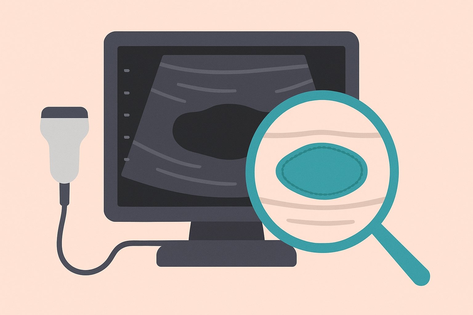 Ecografia mammaria: fibroadenoma ovale a margini regolari evidenziato da lente di ingrandimento, nodulo benigno del seno.