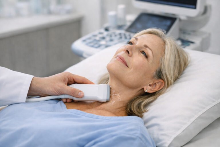 Donna di mezza età con tiroidite di Hashimoto durante un’ecografia della tiroide in una clinica radiologica moderna, con sonda lineare appoggiata al collo e mano del radiologo visibile, luce naturale e ambiente pulito.