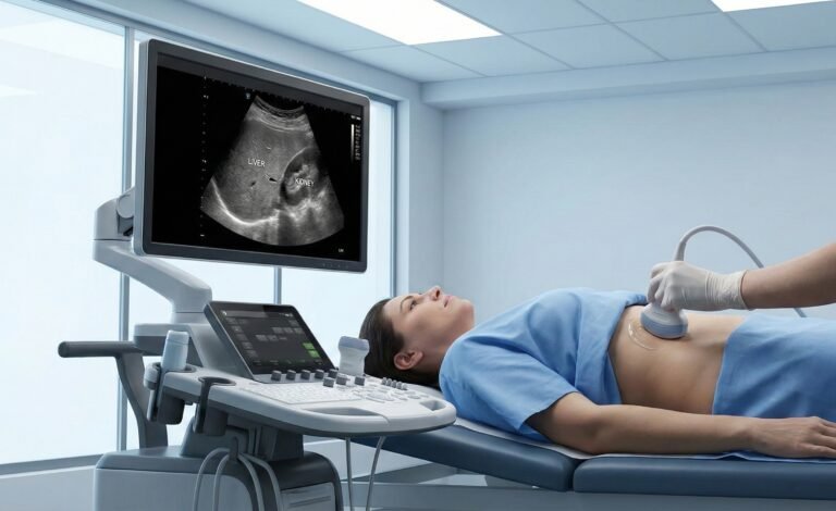 Esame ecografico dell'addome superiore che mostra una steatosi epatica (fegato grasso)