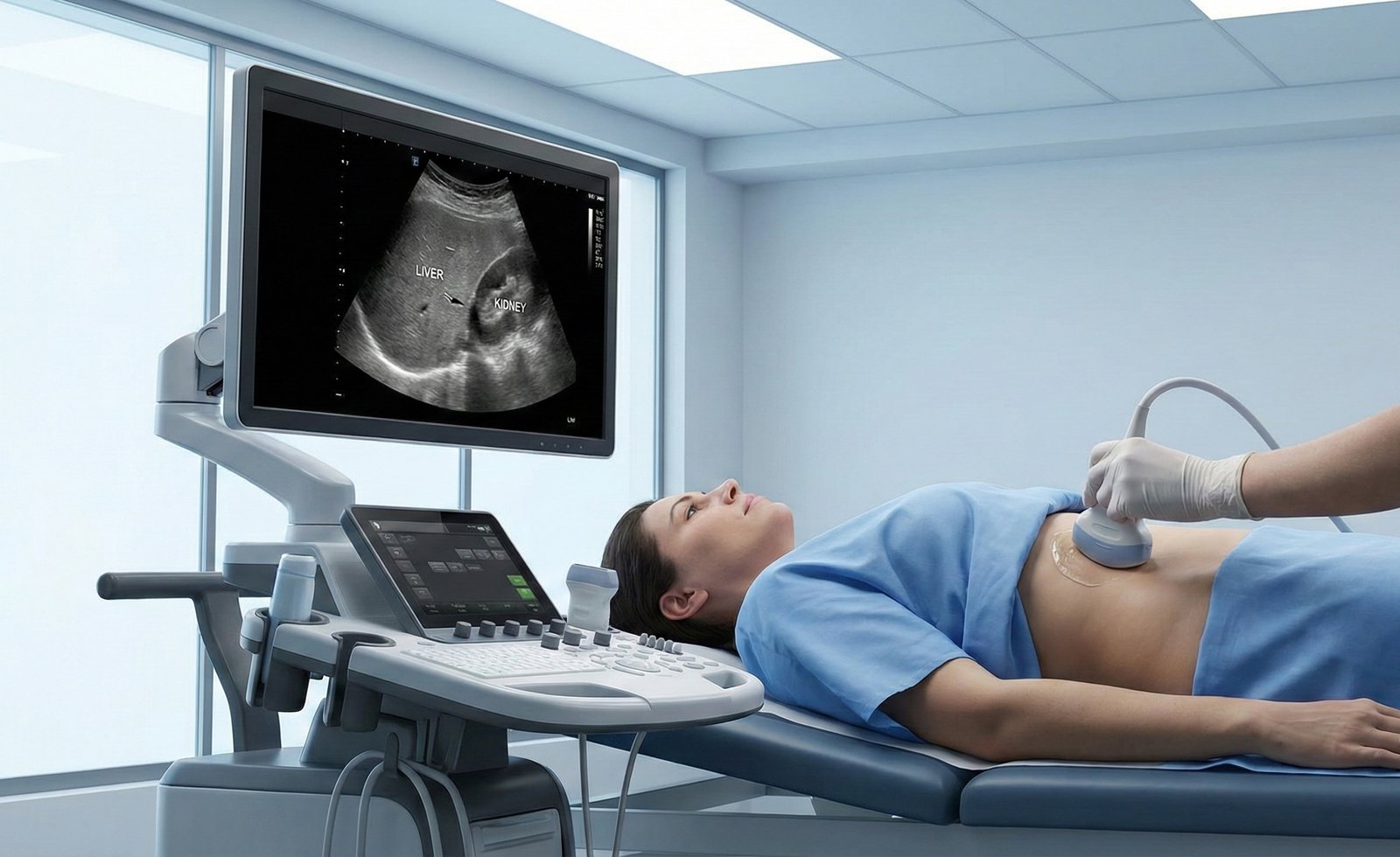 Esame ecografico dell'addome superiore che mostra una steatosi epatica (fegato grasso)