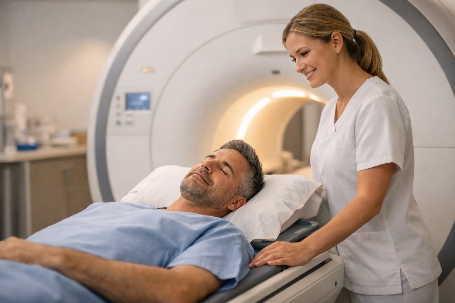 Paziente adulto tranquillo su lettino per risonanza magnetica vicino a RM chiusa wide-bore a tunnel corto, con tecnico di radiologia accanto in ambiente clinico moderno e luminoso.