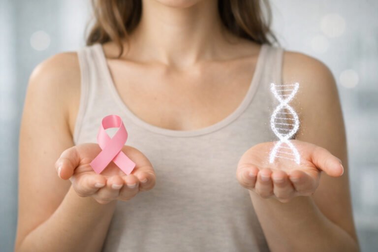 Ragazza con in mano un fiocco rosa e un’elica di DNA: BRCA1 e BRCA2 e prevenzione del tumore al seno ereditario