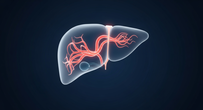 Render 3D stilizzato di fegato traslucido con angioma epatico, piccolo gomitolo di vasi sanguigni benigno evidenziato all'interno dell'organo su fondo blu notte