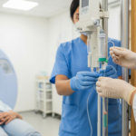 Iniezione endovenosa di mezzo di contrasto nel braccio di un paziente prima di una TC, con iniettore automatico in una moderna sala radiologica.