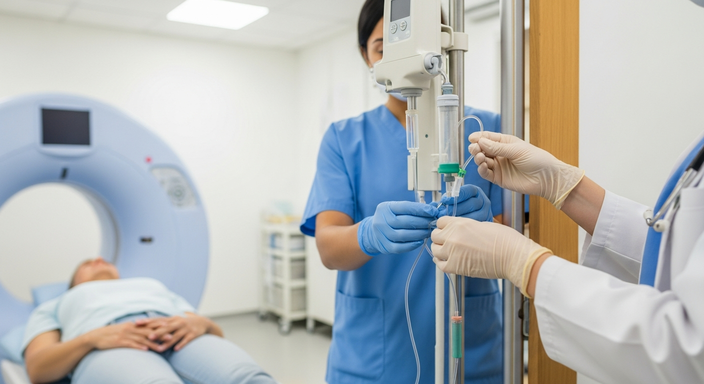 Iniezione endovenosa di mezzo di contrasto nel braccio di un paziente prima di una TC, con iniettore automatico in una moderna sala radiologica.
