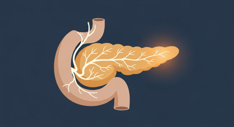 Illustrazione flat stilizzata del pancreas con pancreatite acuta: area infiammata in tonalità ambra su sfondo blu navy, stile editoriale medico divulgativo