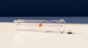 Metafora concettuale del papilloma intraduttale del seno: tubicino di cristallo con piccola perla corallo ancorata alla parete interna e goccia ambrata su superficie bianca
