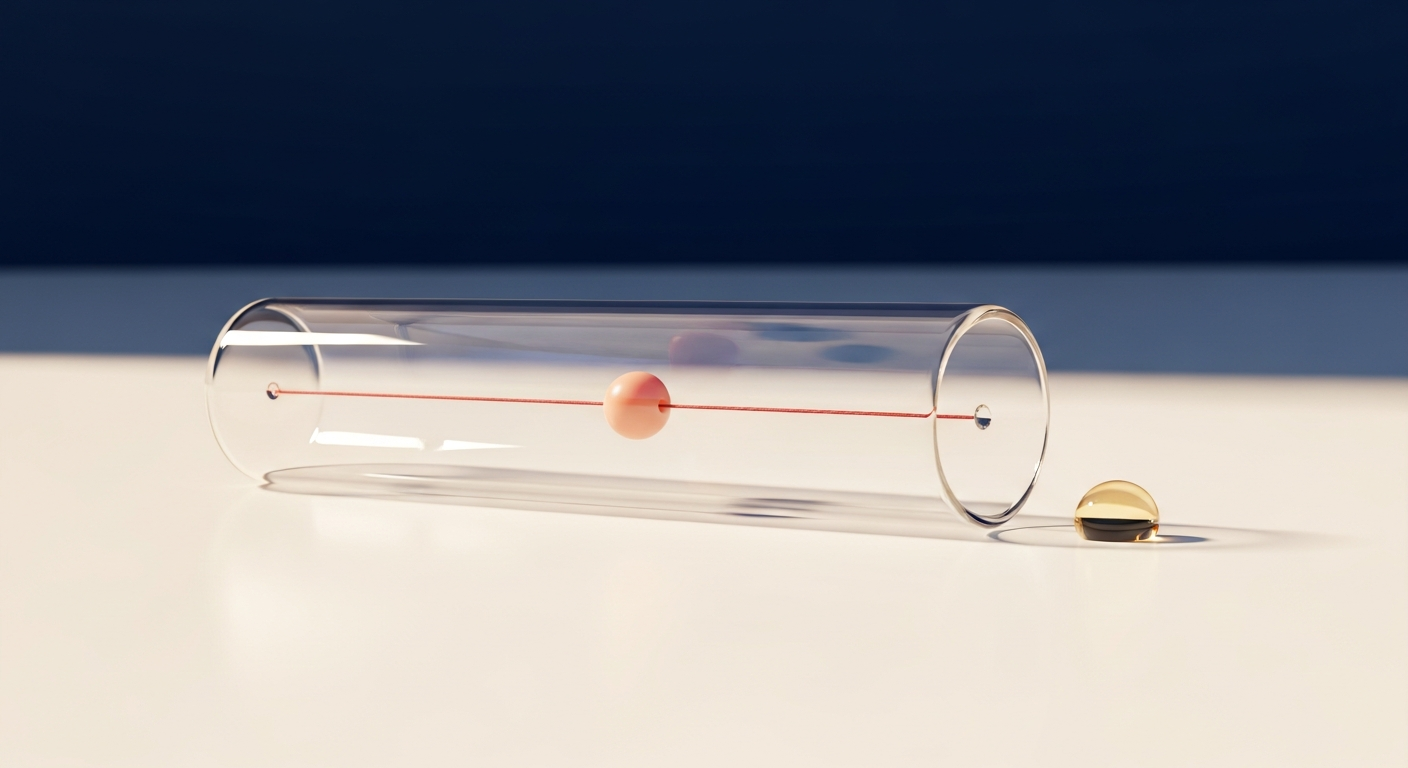 Metafora concettuale del papilloma intraduttale del seno: tubicino di cristallo con piccola perla corallo ancorata alla parete interna e goccia ambrata su superficie bianca