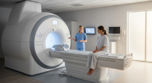 Scena clinica di risonanza magnetica mammella: radiologo accanto allo scanner RM ad alto campo con paziente in sala di radiologia moderna, inquadratura larga