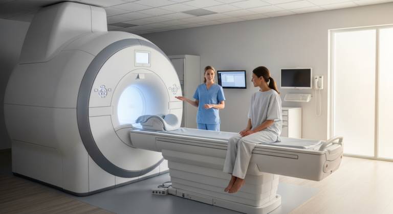 Scena clinica di risonanza magnetica mammella: radiologo accanto allo scanner RM ad alto campo con paziente in sala di radiologia moderna, inquadratura larga
