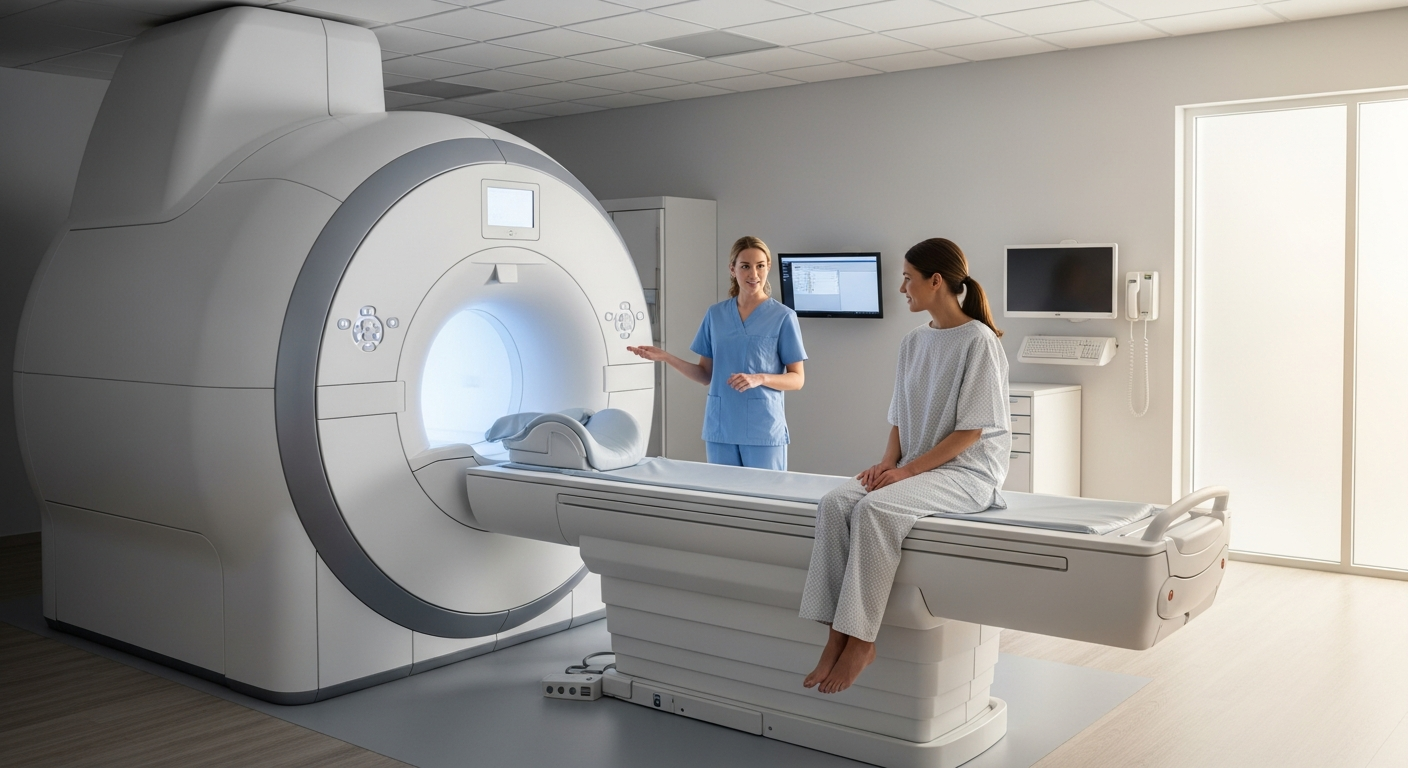 Scena clinica di risonanza magnetica mammella: radiologo accanto allo scanner RM ad alto campo con paziente in sala di radiologia moderna, inquadratura larga