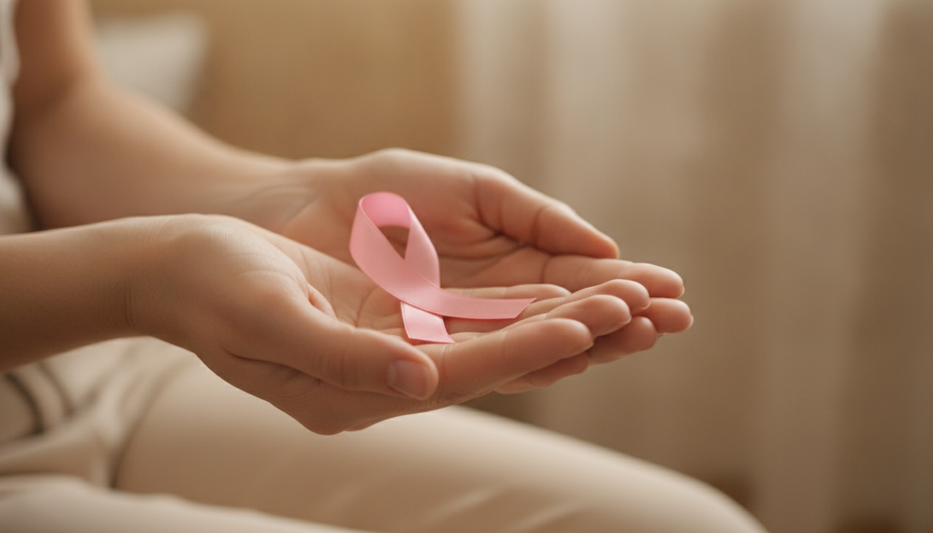 Mani che tengono delicatamente un fiocco rosa, immagine di prevenzione legata ai fattori di rischio del tumore al seno.